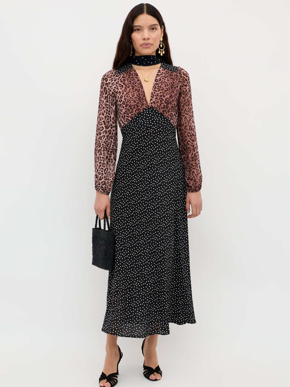 RIXO Kaila Brown Leopard & Black white Polka Dot Print midi Dress long sleeve
